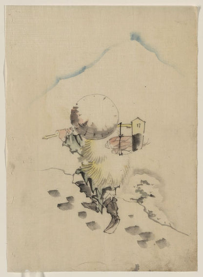 A picture of A man, wearing a conical hat, a straw or feather outer garment, and boots, is carrying a long-handled tool, possibly a dipper or mallet, from which fish are hanging