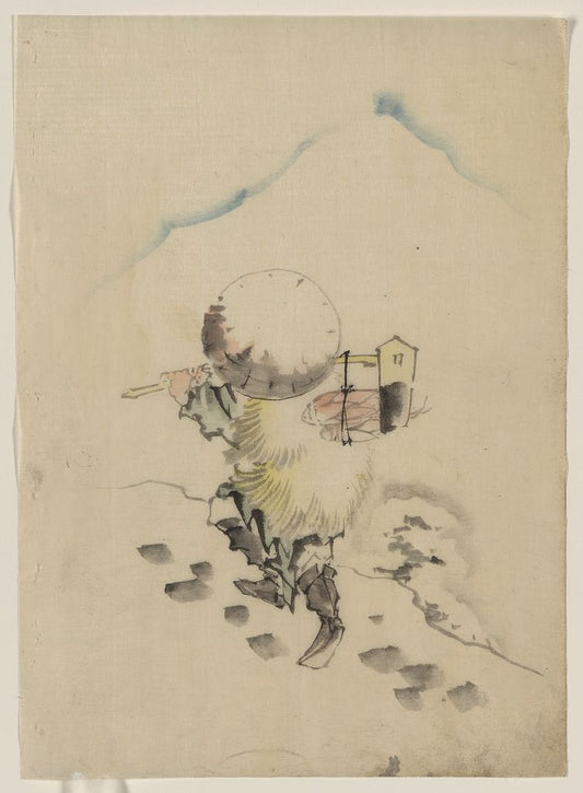 A picture of A man, wearing a conical hat, a straw or feather outer garment, and boots, is carrying a long-handled tool, possibly a dipper or mallet, from which fish are hanging