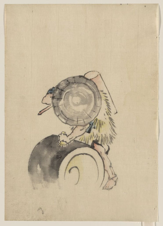 A picture of A man, wearing a large conical hat and a straw or feather garment, leaning on or rolling a large barrel-like object, possibly a mochi tub; he is carrying a long-handled tool, possibly a mallet, over his right shoulder
