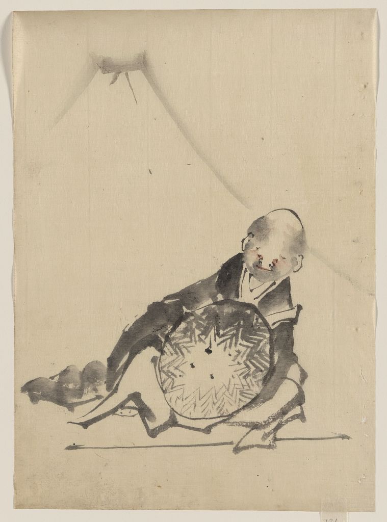 A picture of A monk reclining, holding a large conical hat in front of him, with view of Mount Fuji in the background