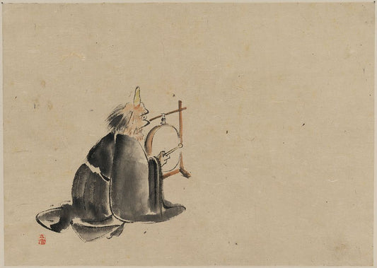 A picture of A monk wearing a mask(?) with a horn, sitting on the ground, beating a drum (tsuri-daiko)
