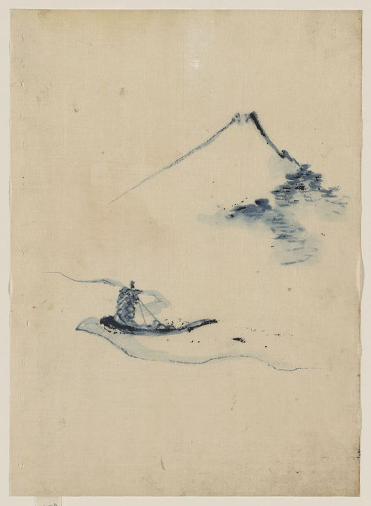 A picture of A person in a small boat on a river with Mount Fuji in the background