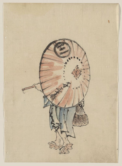 A picture of A person walking to the left, mostly obscured by an open parasol carried over the shoulder, wearing kimono and geta, and carrying a bag in right hand