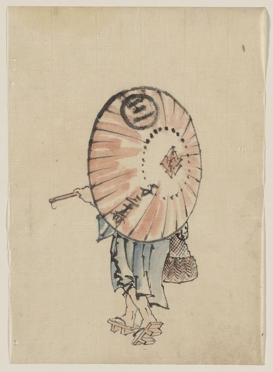 A picture of A person walking to the left, mostly obscured by an open parasol carried over the shoulder, wearing kimono and geta, and carrying a bag in right hand