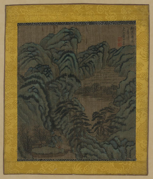 A picture of A small house or teahouse in a grove of trees and near a small bridge, with pine trees and mountains, and another house in the background