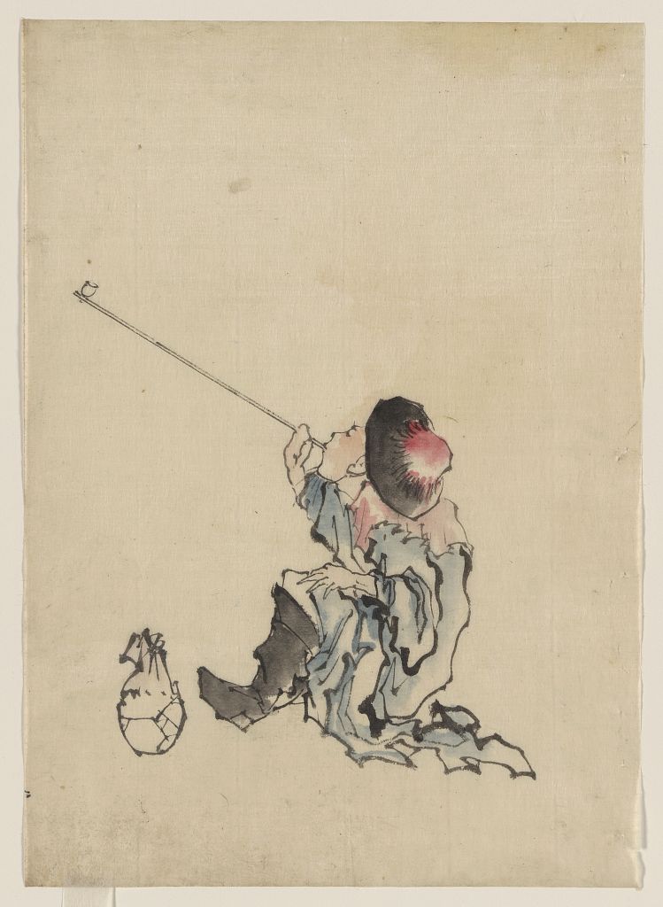 A picture of A traveler, seated, wearing a robe, boots, and rounded-top conical hat, smoking a long pipe; a small bag is on the ground next to his feet