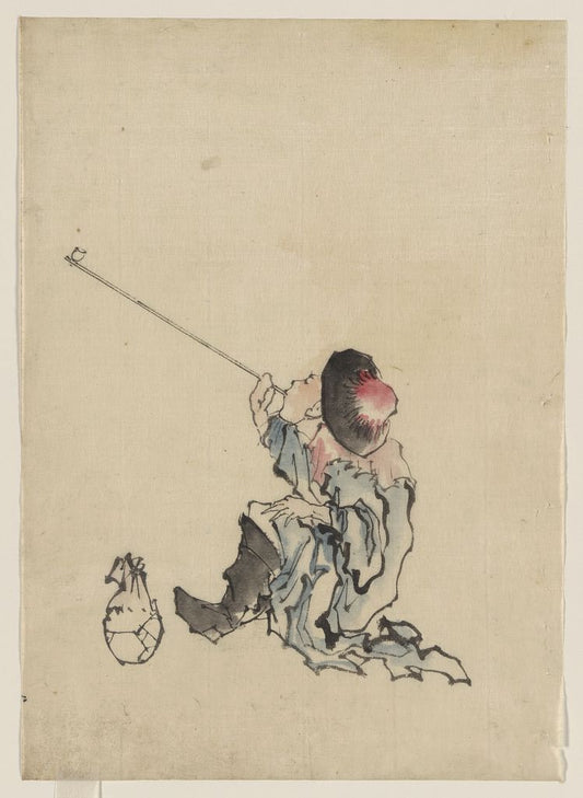 A picture of A traveler, seated, wearing a robe, boots, and rounded-top conical hat, smoking a long pipe; a small bag is on the ground next to his feet