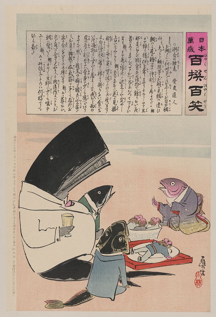 A picture of A whale and three fish sitting down to a formal dinner of Russian sailors