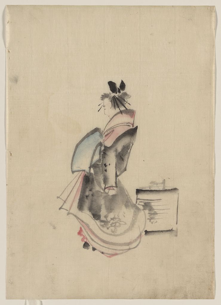 A picture of A woman, possibly a courtesan, full-length, standing, facing left