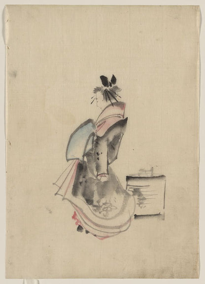 A picture of A woman, possibly a courtesan, full-length, standing, facing left