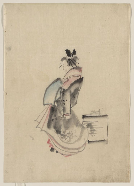 A picture of A woman, possibly a courtesan, full-length, standing, facing left