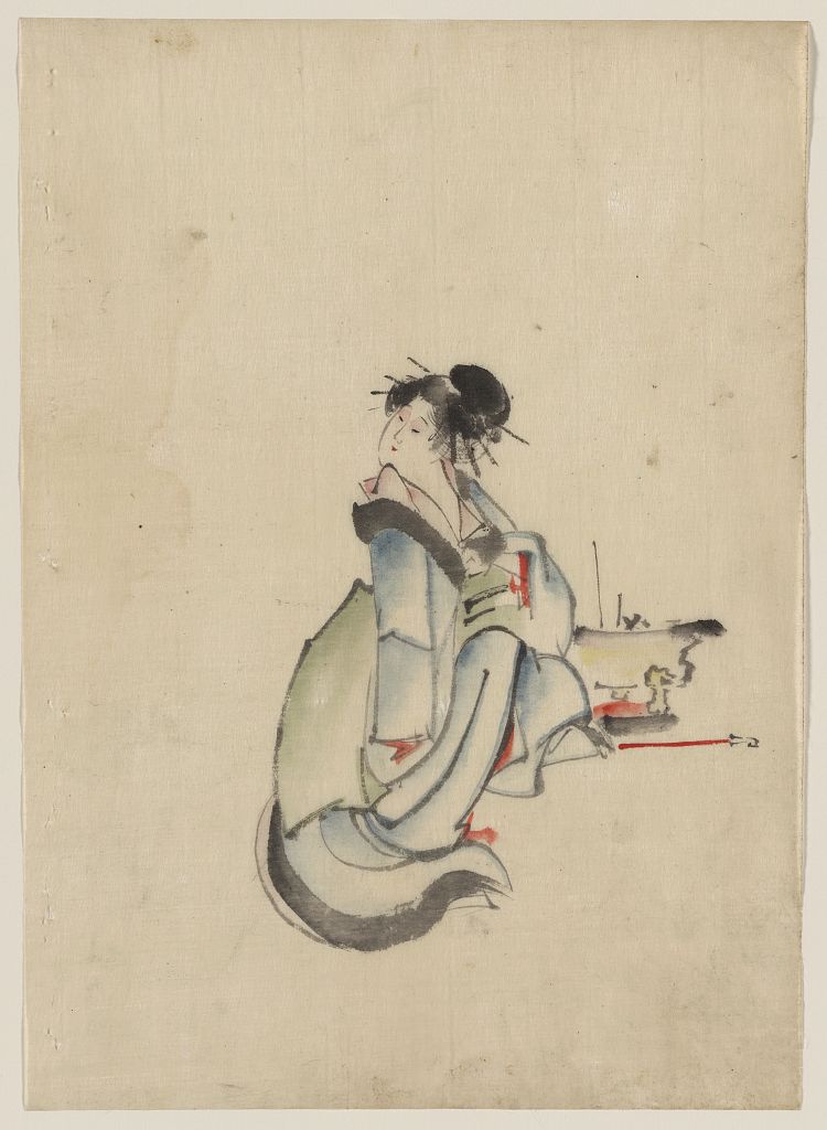 A picture of A woman, possibly a courtesan, seated, facing right, with her head turned to look back over her right shoulder, wearing several hairpins