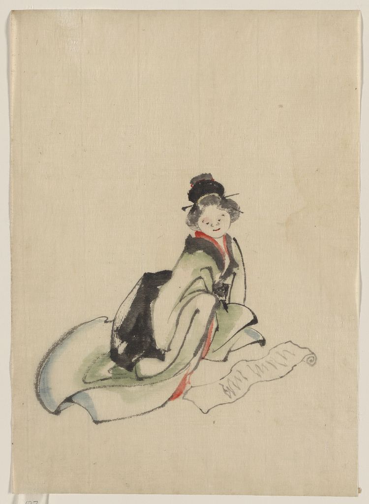 A picture of A woman seated, facing front, reading a scroll spread out in front of her