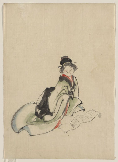 A picture of A woman seated, facing front, reading a scroll spread out in front of her