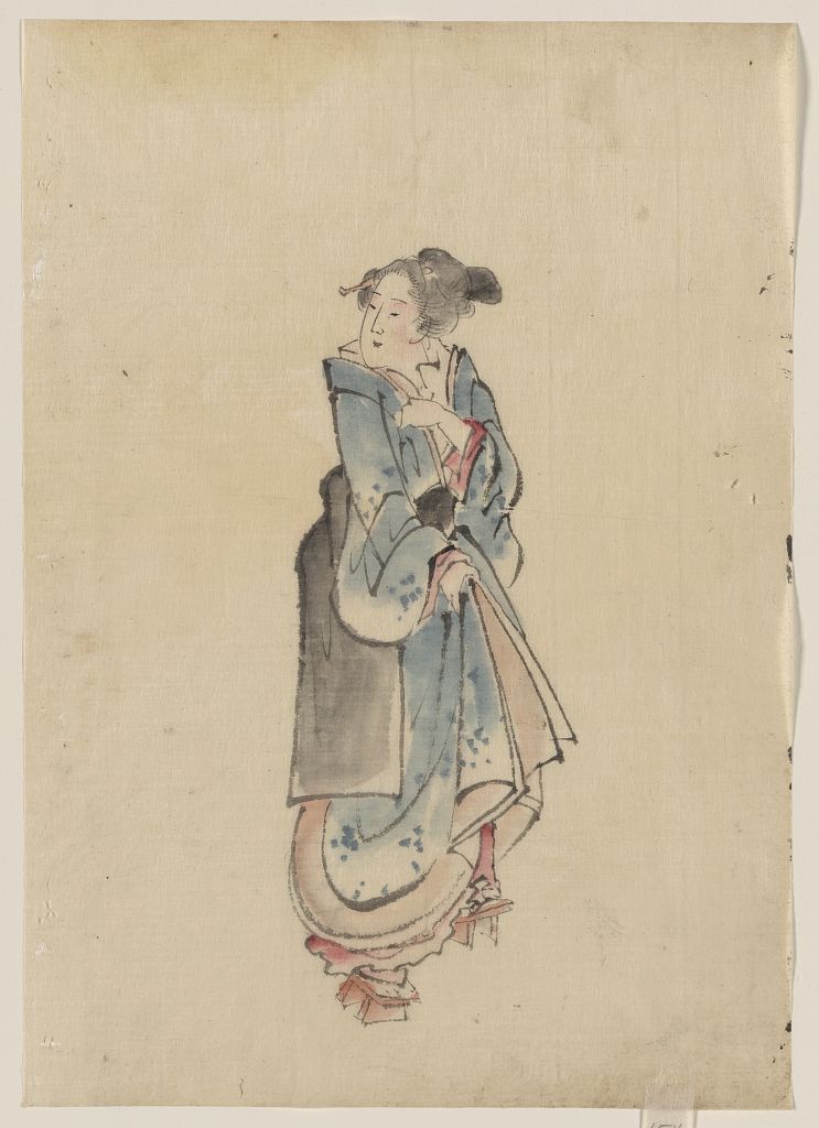 A picture of A woman walking to the right, full-length portrait, facing left, wearing kimono and geta