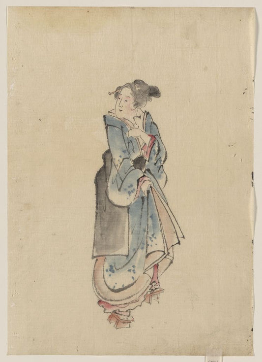 A picture of A woman walking to the right, full-length portrait, facing left, wearing kimono and geta