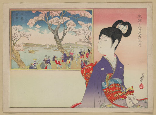 A picture of A young girl holding a doll remembers the revelry during a festival beneath blossoming cherry trees on the banks of a river