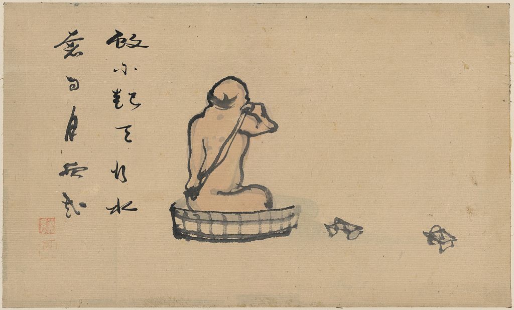 A picture of An elderly man, seen from behind, bathing in a wooden tub