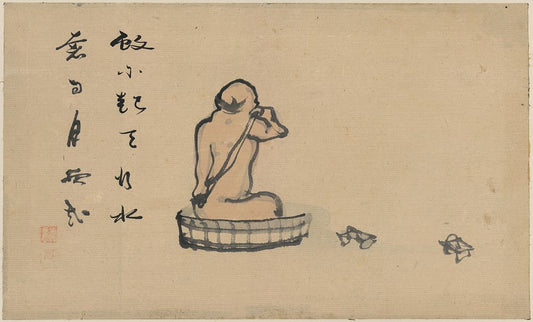 A picture of An elderly man, seen from behind, bathing in a wooden tub