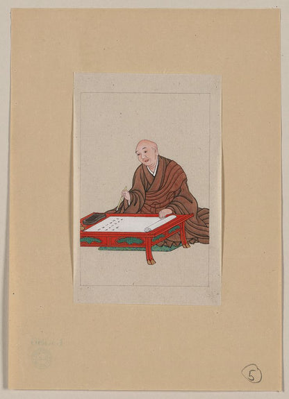 A picture of An old man, possibly a monk or scholar, seated a low table writing on scroll with brush