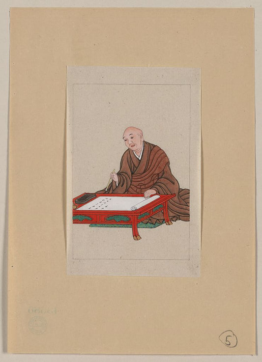 A picture of An old man, possibly a monk or scholar, seated a low table writing on scroll with brush