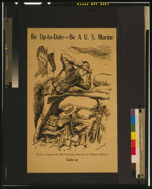 A picture of Be up-to-date - be a U.S. Marine First to change the old campaign hat for the modern helmet /