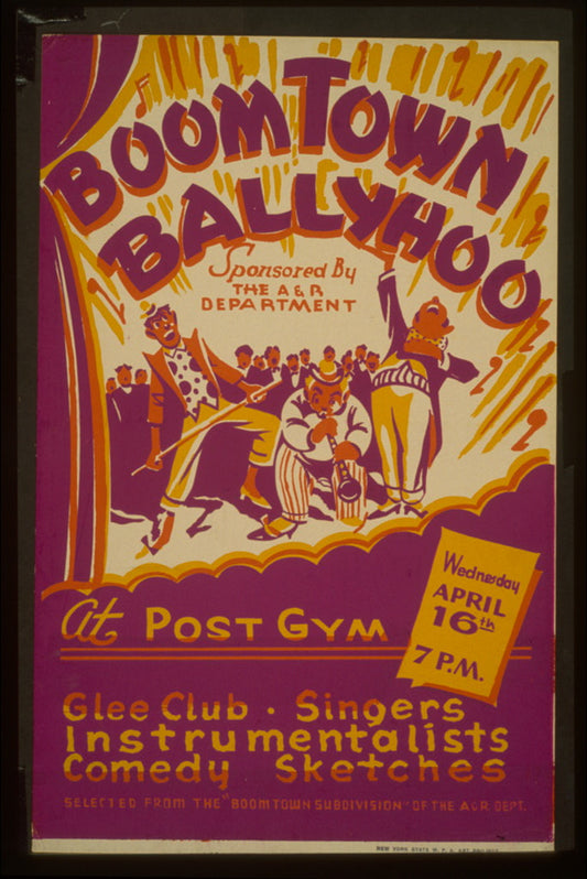 A picture of "Boom Town ballyhoo" - sponsored by the A&R Department - at the Post Gym Glee club, singers, instrumentalists, comedy sketches : selected from the "Boom Town subdivision" of the A&R Dept.