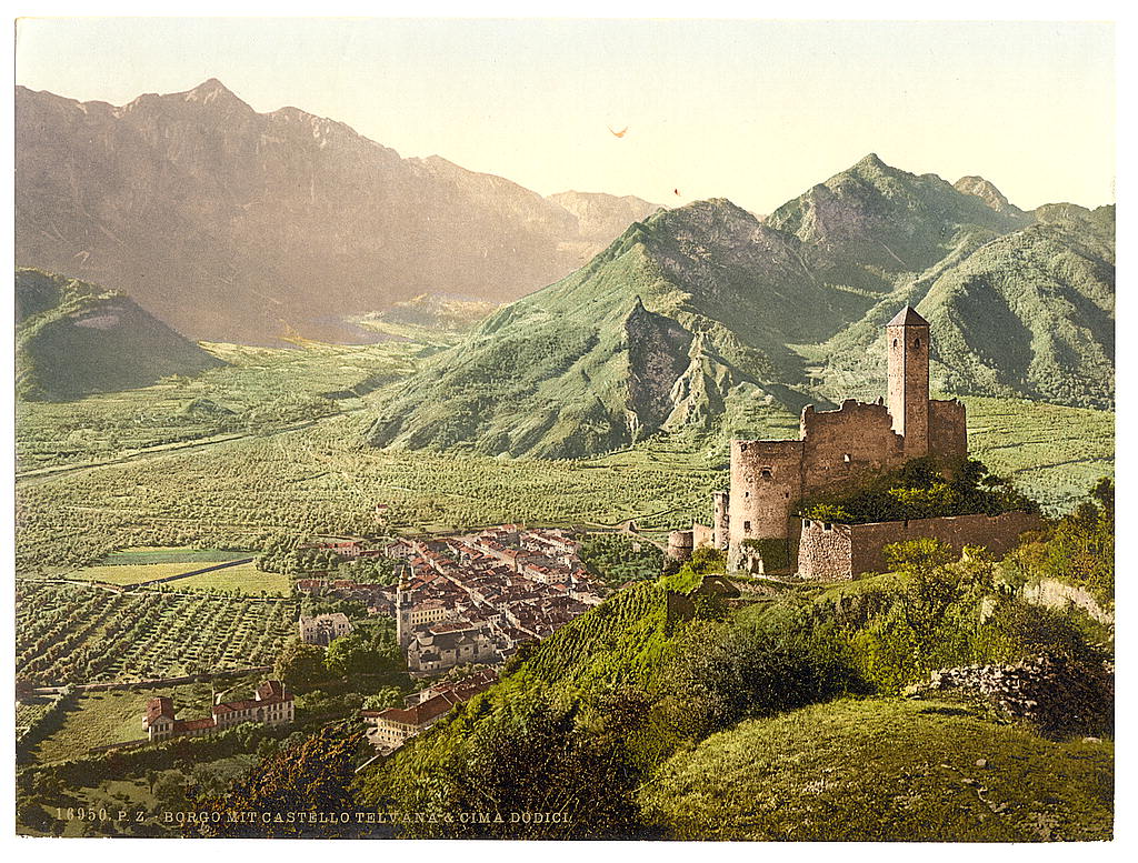 A picture of Borgo (i.e., Borgo Valsugana) with Telvano Castle and Cima Dodici, Tyrol, Austro-Hungary