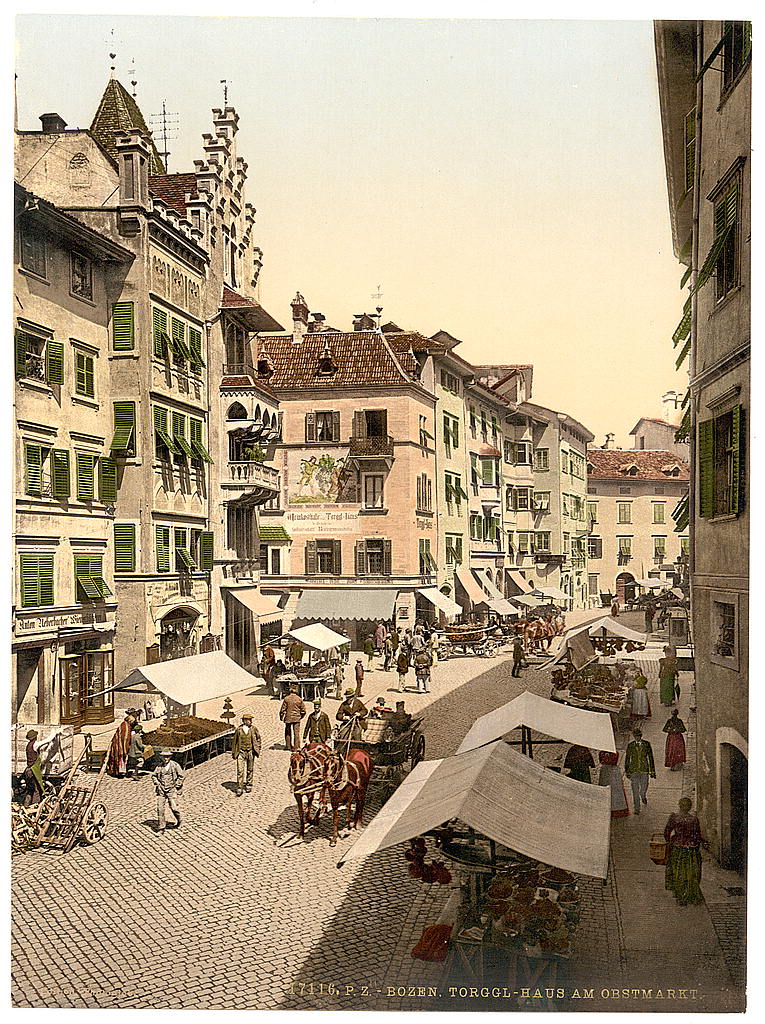 A picture of Bosen Torgglhaus and fruit market, Tyrol, Austro-Hungary