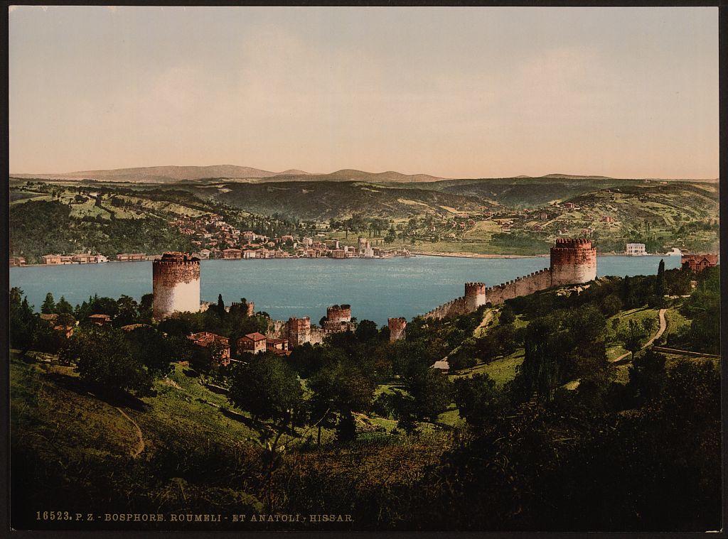 A picture of Bosphorus (i.e., Bosporus), Rumeli and Anadali-Hissar, (i.e., Anadolu Hisarı) Constantinople, Turkey