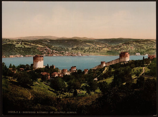 A picture of Bosphorus (i.e., Bosporus), Rumeli and Anadali-Hissar, (i.e., Anadolu Hisarı) Constantinople, Turkey