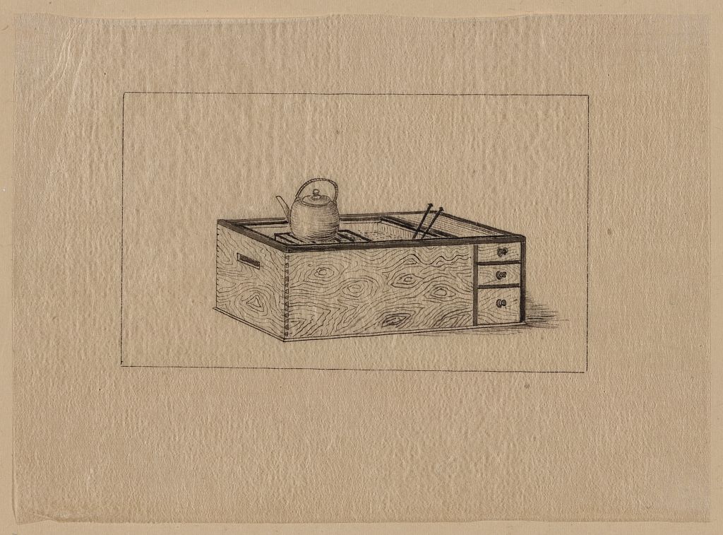 A picture of Box (stove) with drawers, open at top showing grill or hibachi and teapot