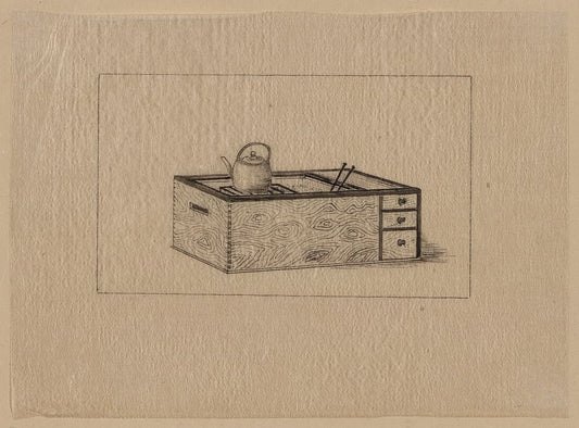 A picture of Box (stove) with drawers, open at top showing grill or hibachi and teapot