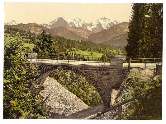 A picture of Bridge at Saint Beatenberg, with view of Mount Eiger, Mönch and Jungfrau, Bernese Oberland, Switzerland