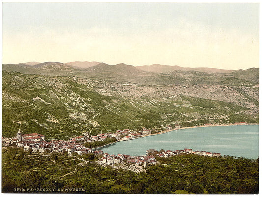 A picture of Bucarri (i.e., Buccari), from the west, Croatia, Austro-Hungary