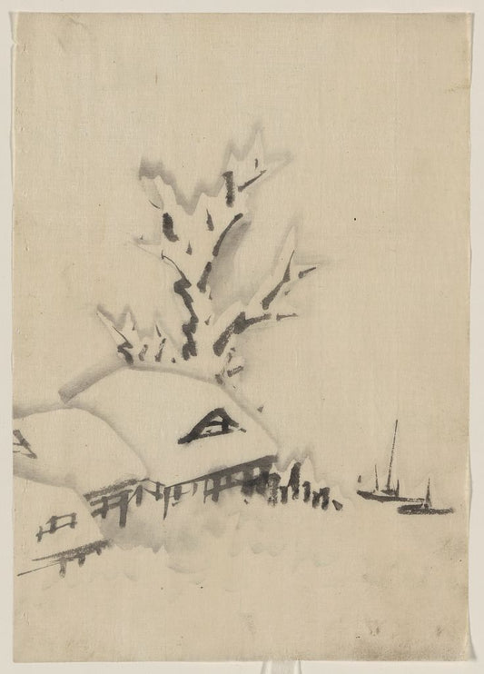 A picture of Buildings and large tree on the waterfront, with two boats anchored offshore