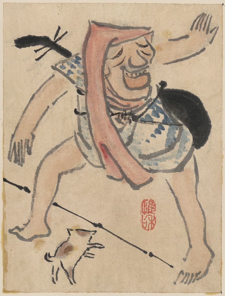 A picture of Caricature of musician or actor dancing, with a cat at his feet