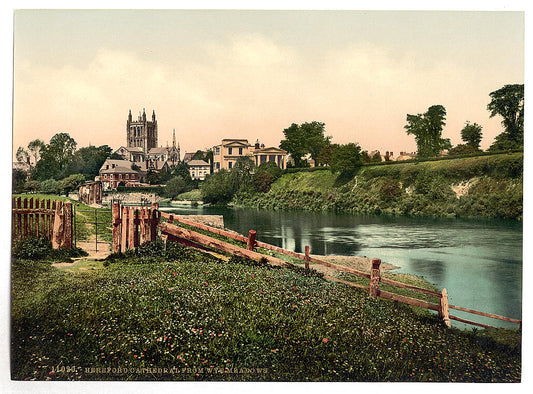 A picture of Cathedral from Wye Meadows, Hereford, England