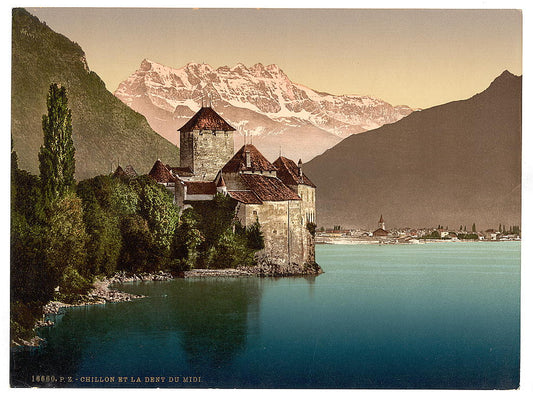 A picture of Chillon Castle, and Dent du Midi, Geneva Lake, Switzerland