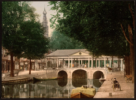 A picture of Corn (i.e. wheat) exchange hall with tower of town hall, Leyden, (i.e., Leiden) Holland