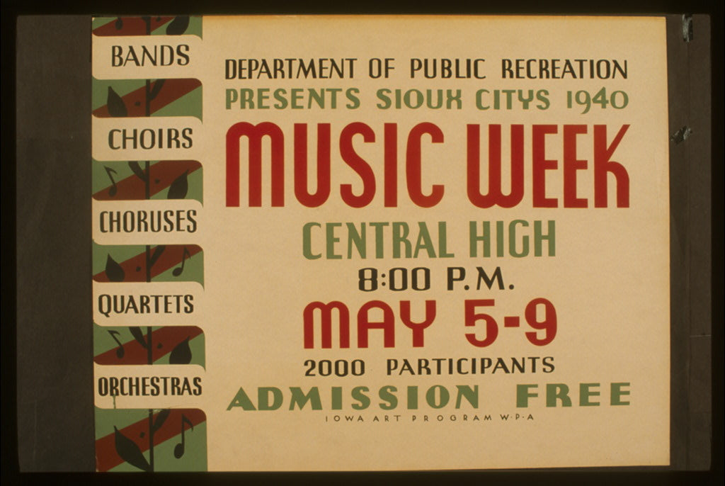 A picture of Department of Public Recreation presents Sioux Citys sic 1940 music week Bands, choirs, choruses, quartets, orchestras.
