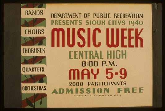 A picture of Department of Public Recreation presents Sioux Citys sic 1940 music week Bands, choirs, choruses, quartets, orchestras.