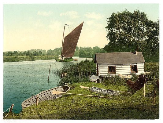 A picture of Eel fisher's hut on the Bore, (i.e., Bure River) England