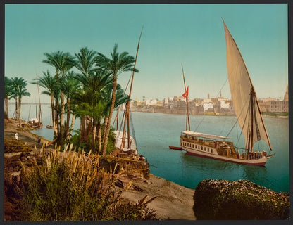 A picture of Egypt. Cairo. On the Nile shore near Boulac, with Dahableh making sail