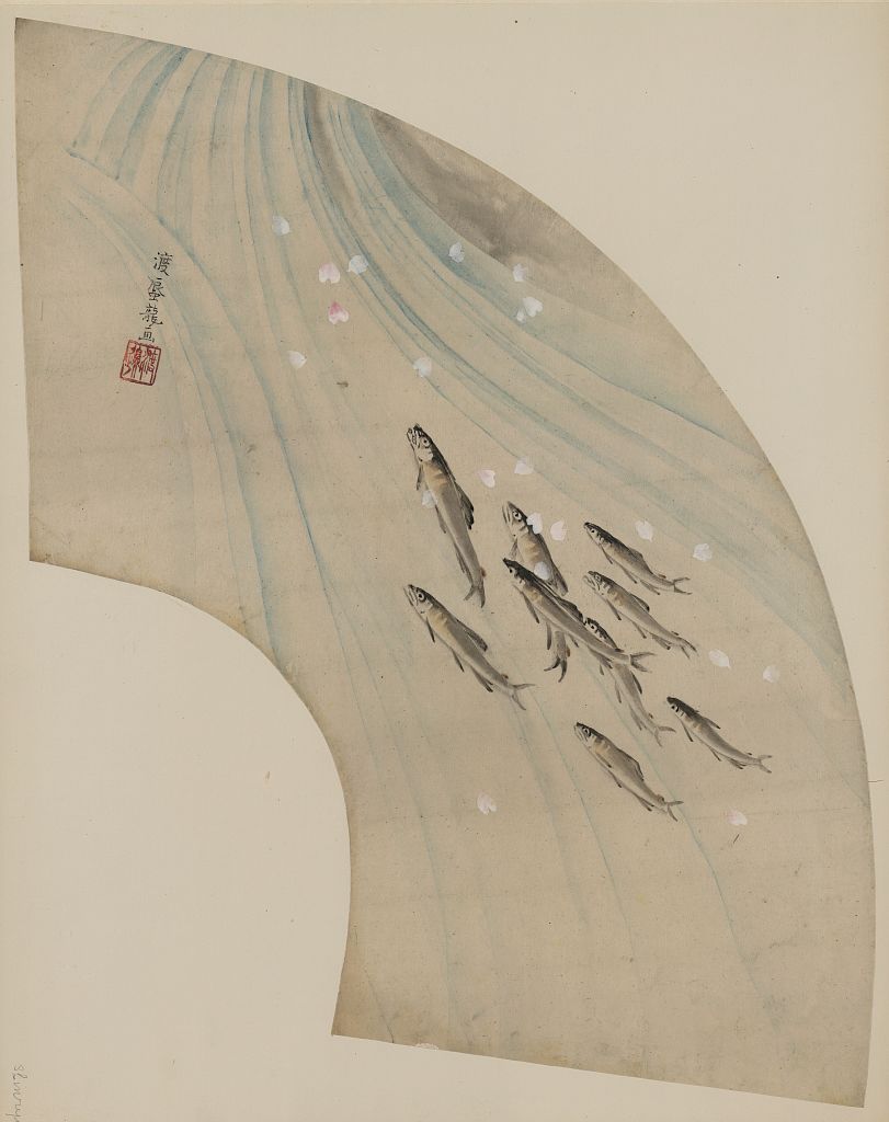 A picture of Fan-shaped drawing of fish swimming upstream
