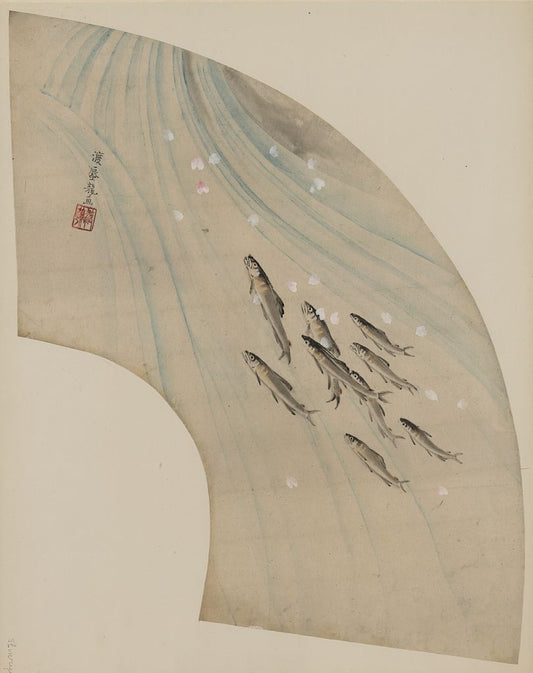 A picture of Fan-shaped drawing of fish swimming upstream