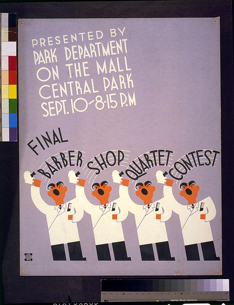 A picture of Final barber shop quartet contest presented by Park Department on the Mall, Central Park Sept. 10, 8:15 p.m.