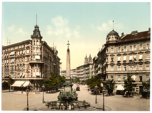 A picture of Fountain and Breiter Weg, Madgeburg i.e. Magdeburg, German Saxony, Germany