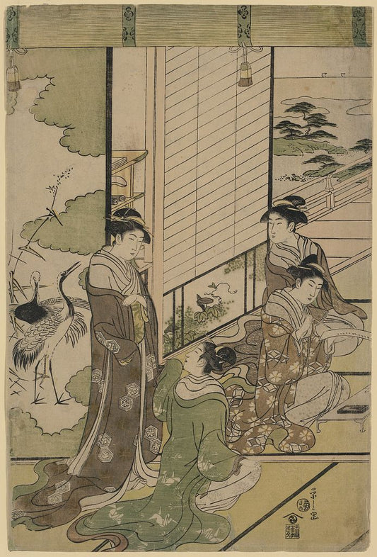 A picture of Four women composing poetry, possibly as a competition, next to a screen with painting of cranes