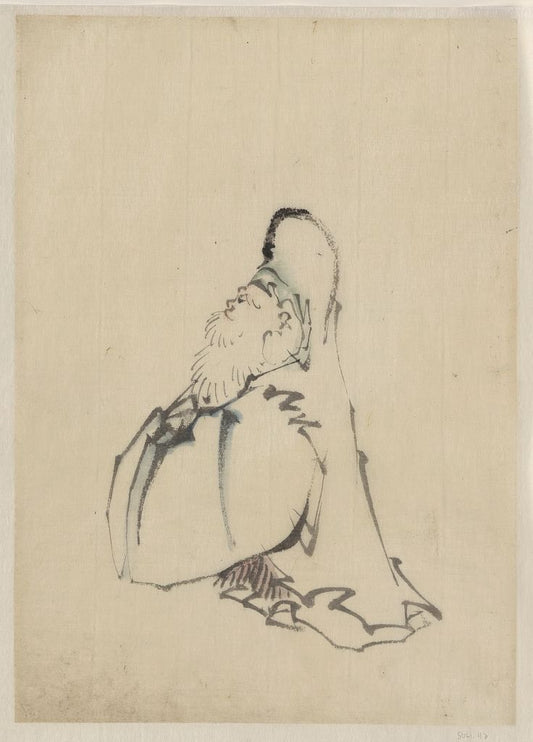 A picture of Fukurokuju, the god of wisdom, wealth, long life, and happiness, one of the seven lucky gods, standing, facing left